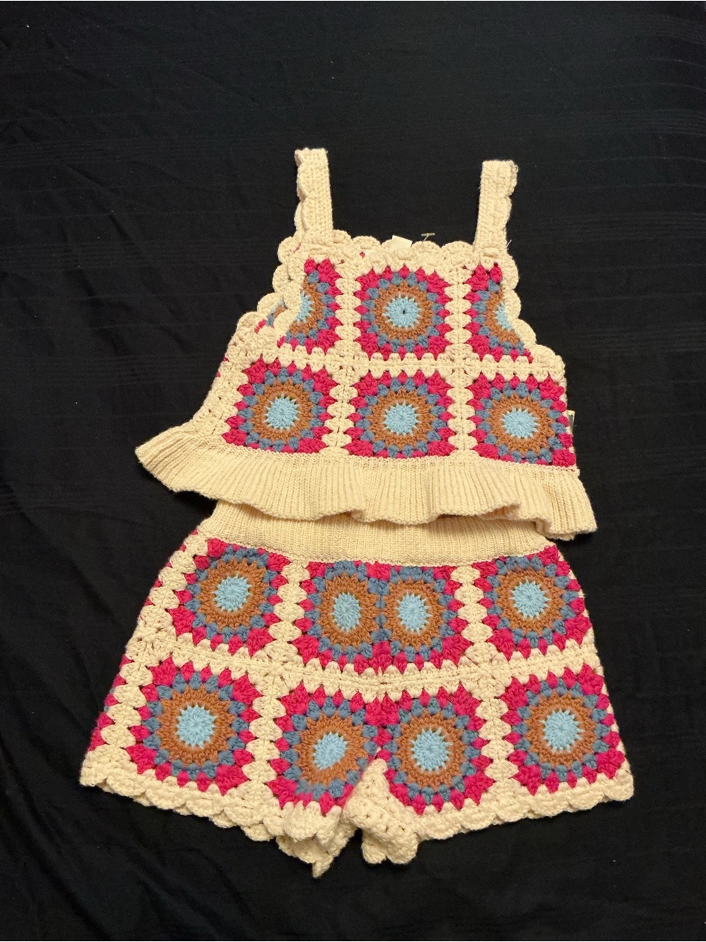 Cream Crochet Kids Matching Set with Pink, Blue & Brown Accents